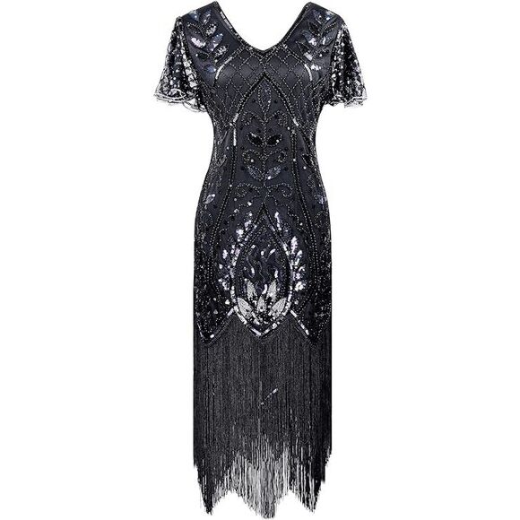 ✨ Flapper Great Gatsby 1920s Retro Tassel Fringe Sequin Midi Black Dress XL NEW - Picture 1 of 9